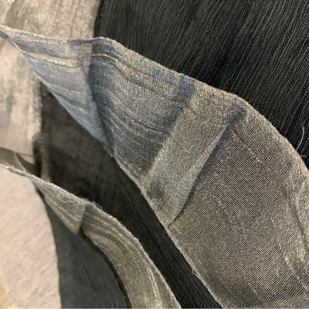 Extra Long black crepe shawl with sparkly silver organza ruffle. 6’ x 2’